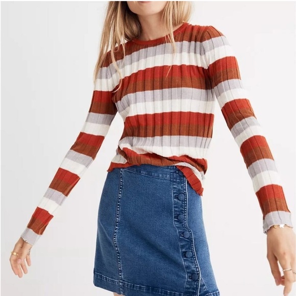 Madewell Tops - Orange/gray/white/brown stripe Clarkwell Pullover Sweater long sleeve never worn